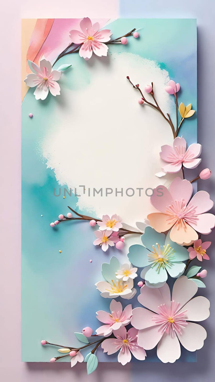 Cherry blossom frame on pastel background with space for text. Sakura.Paper art of Cherry blossom with frame on pastel background.Paper cut style.Spring background with sakura flowers and leaves. Vector paper illustration.3d rendering.Spring flowers frame with copy space for your text. Pastel colors.Minimal style.İnvitation and celebrations.