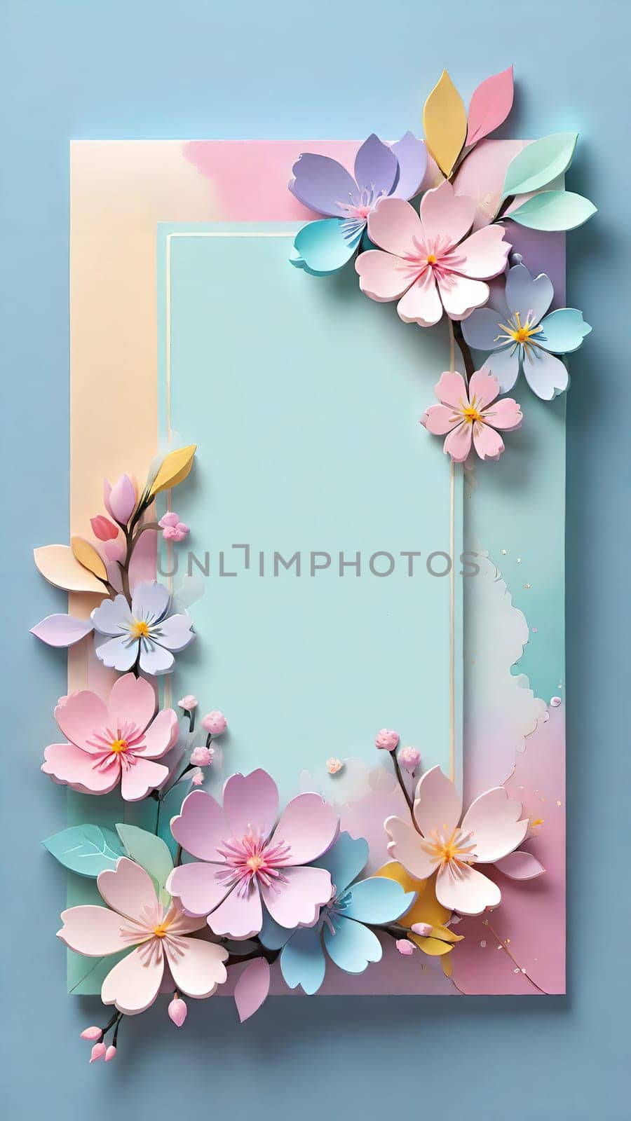 Cherry blossom frame on pastel background with space for text. Sakura.Paper art of Cherry blossom with frame on pastel background.Paper cut style.Spring background with sakura flowers and leaves. Vector paper illustration.3d rendering.Spring flowers frame with copy space for your text. Pastel colors.Minimal style.İnvitation and celebrations.