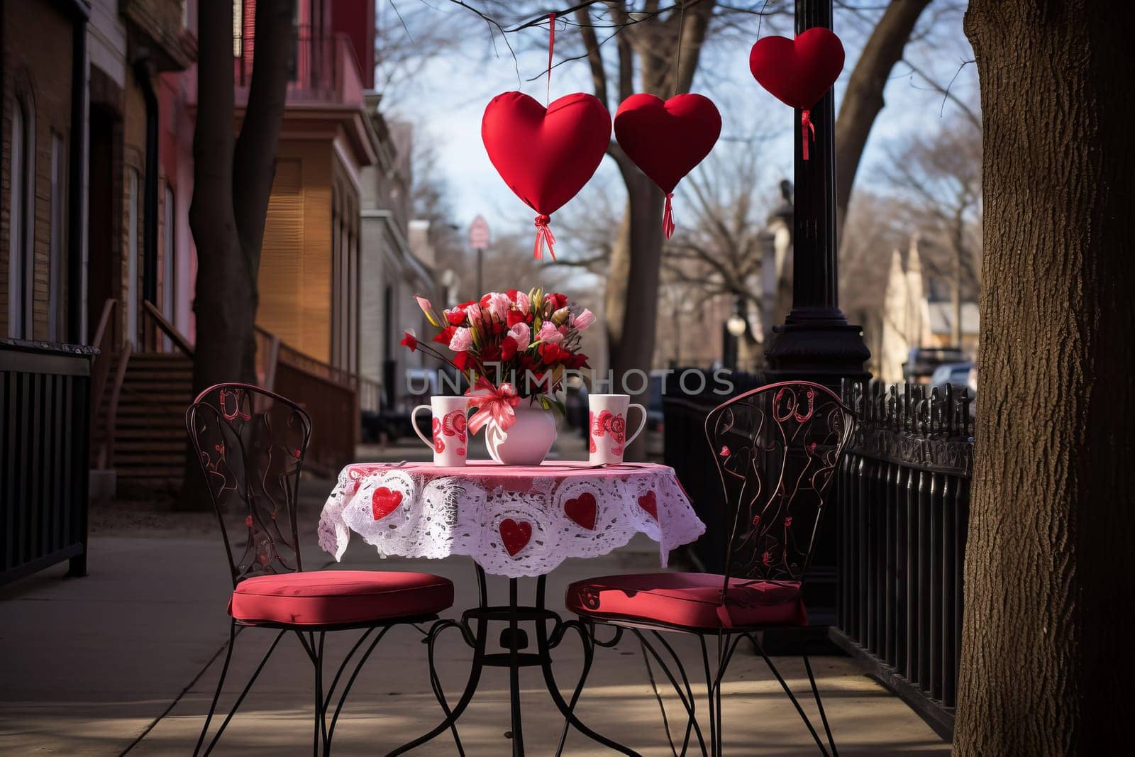 A table in a cafe decorated for Valentine's Day. Festive decor. Generative AI. by Annu1tochka