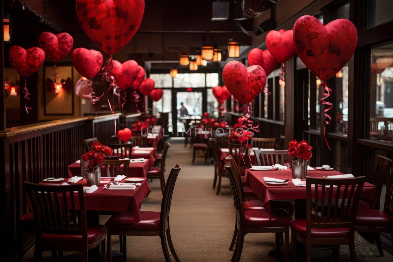 The restaurant hall is decorated for Valentine's Day. The concept of celebrating Valentine's Day. Generative AI
