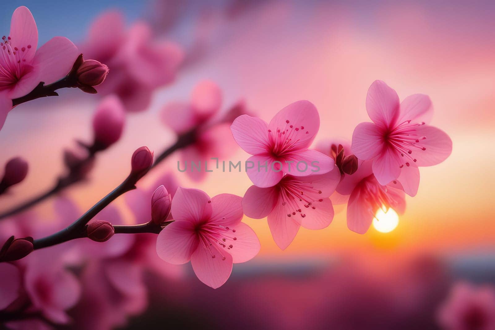 Branches with fresh pink flowers in full bloom against the sunset sky