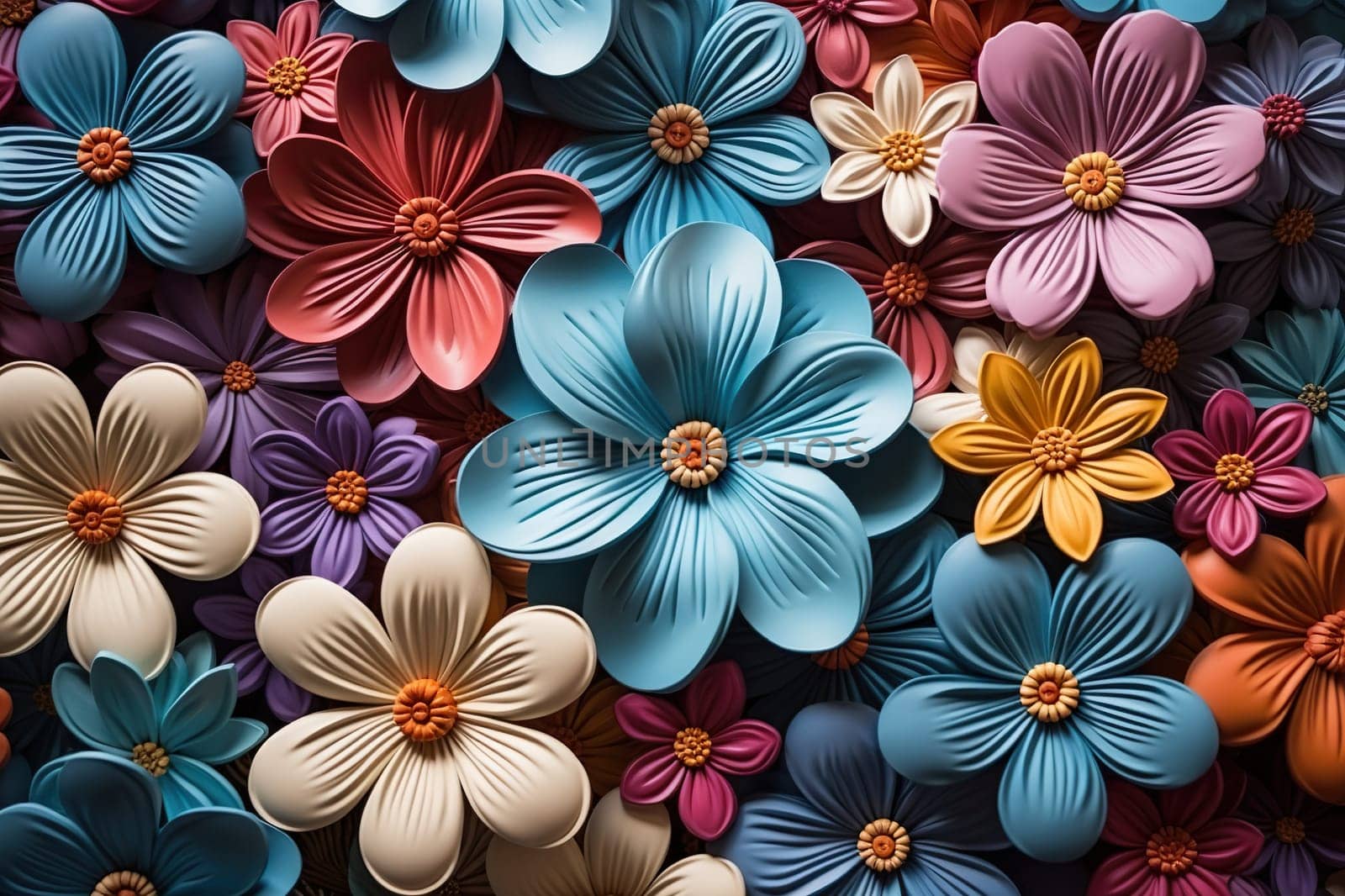 Background of multi-colored flowers cut out of paper. Generated by artificial intelligence by Vovmar