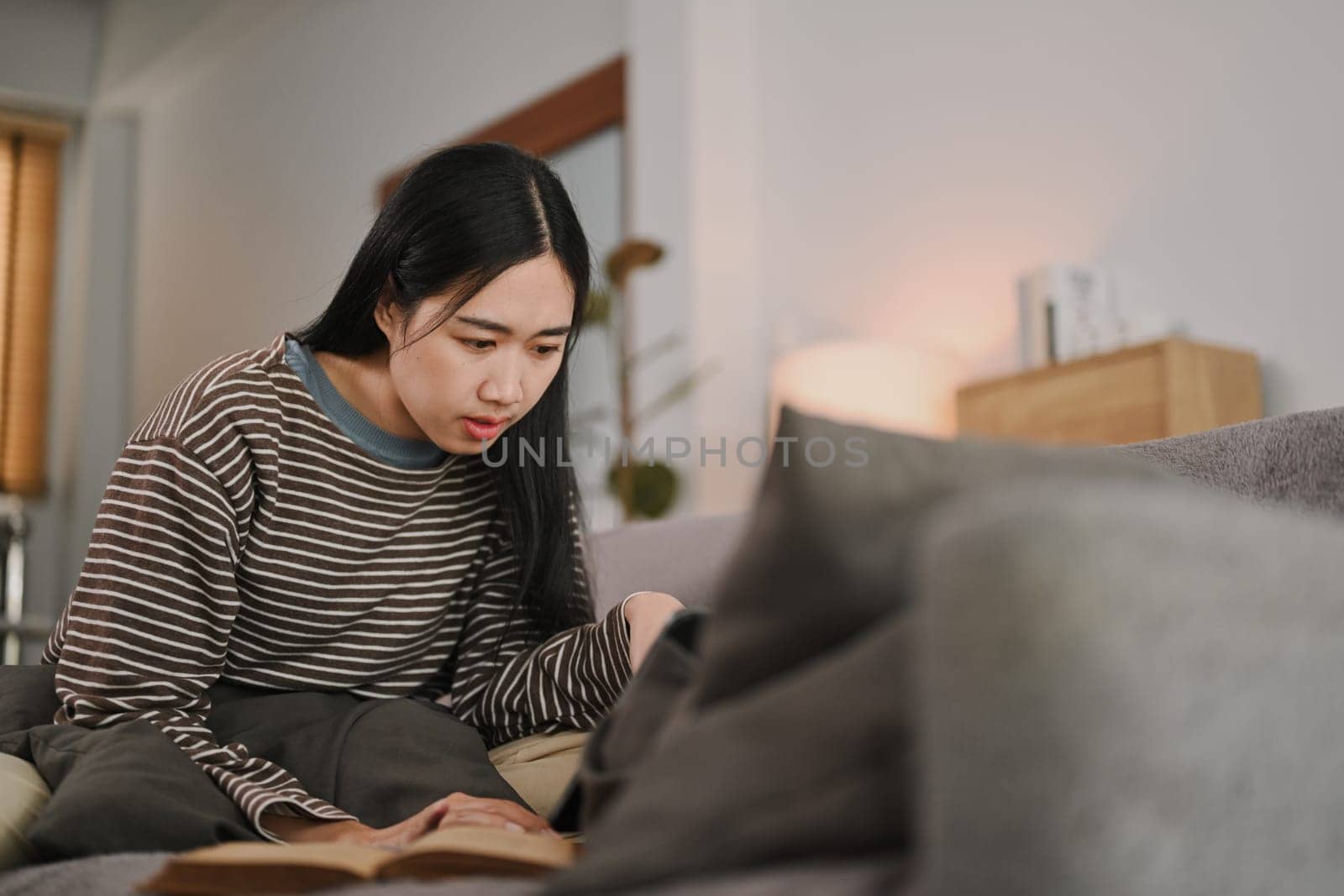 Focused female freelancer using laptop on couch, watching online webinar, reading message