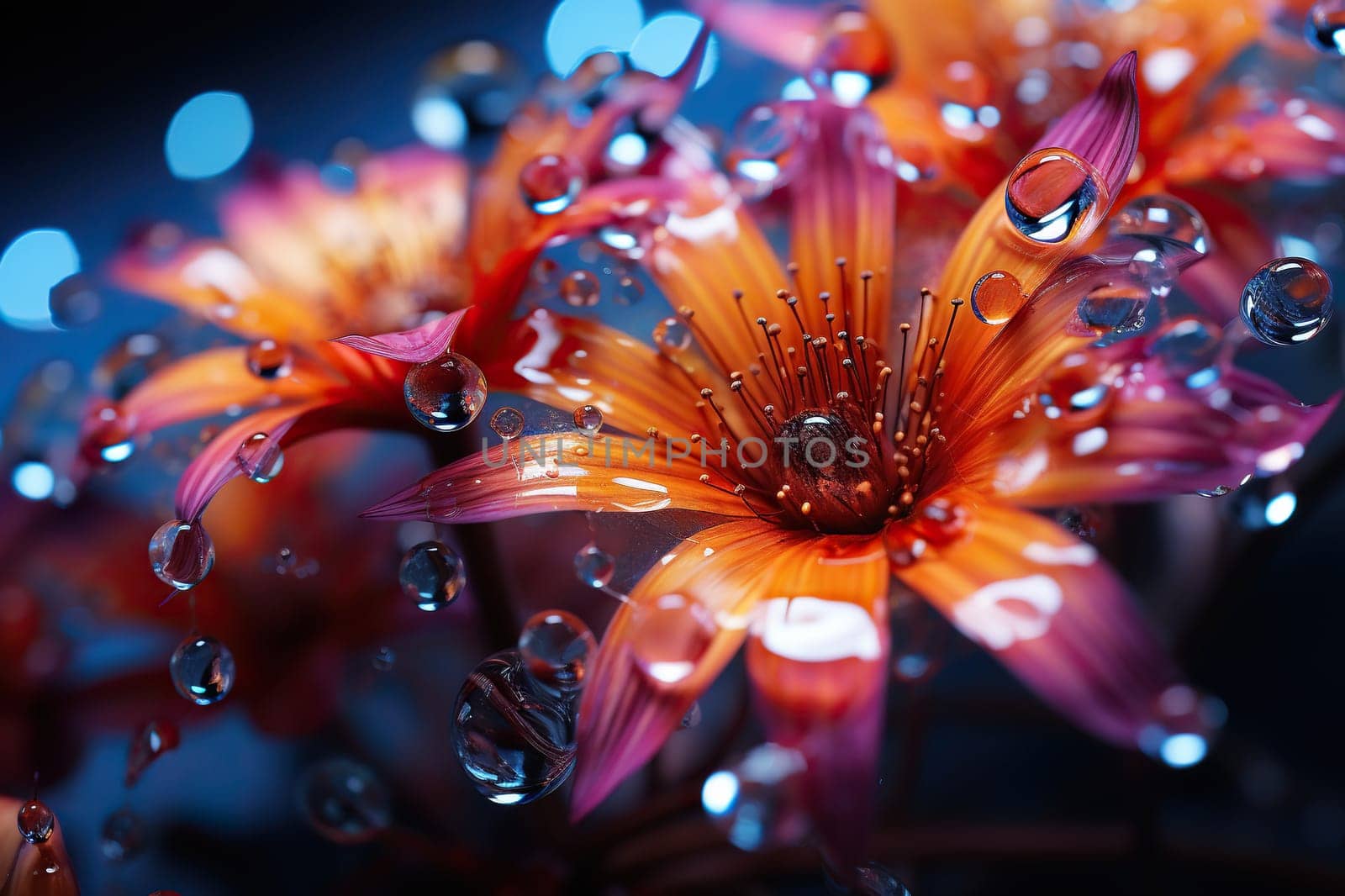 Macro photo of a flower in drops of water. Abstract wallpaper for gadget. Generated by artificial intelligence by Vovmar