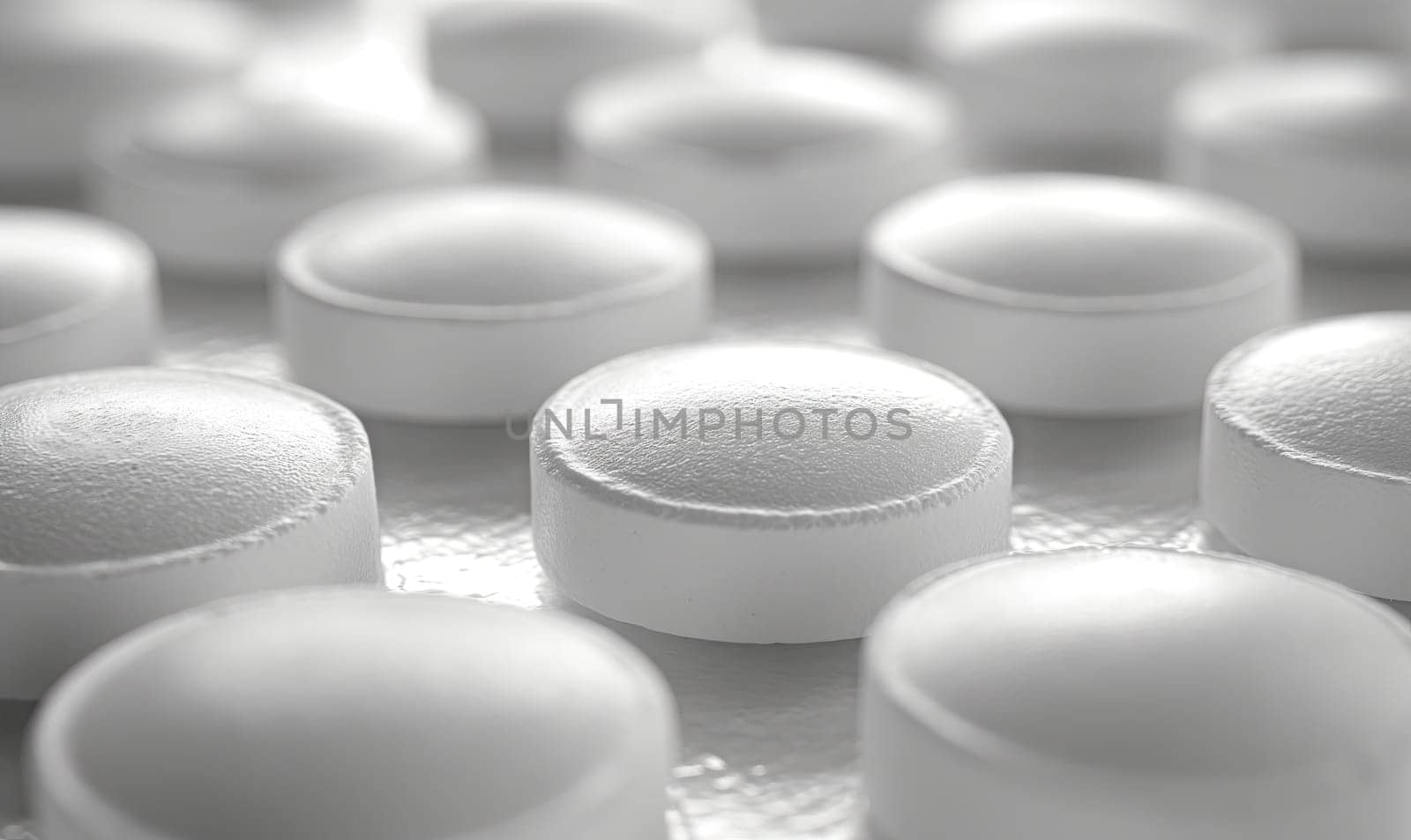 Scattered white pills on the table close-up. Selective soft focus.