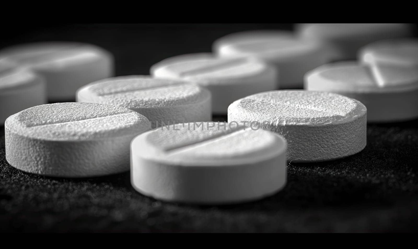 Scattered white pills on a dark background close-up. by Fischeron