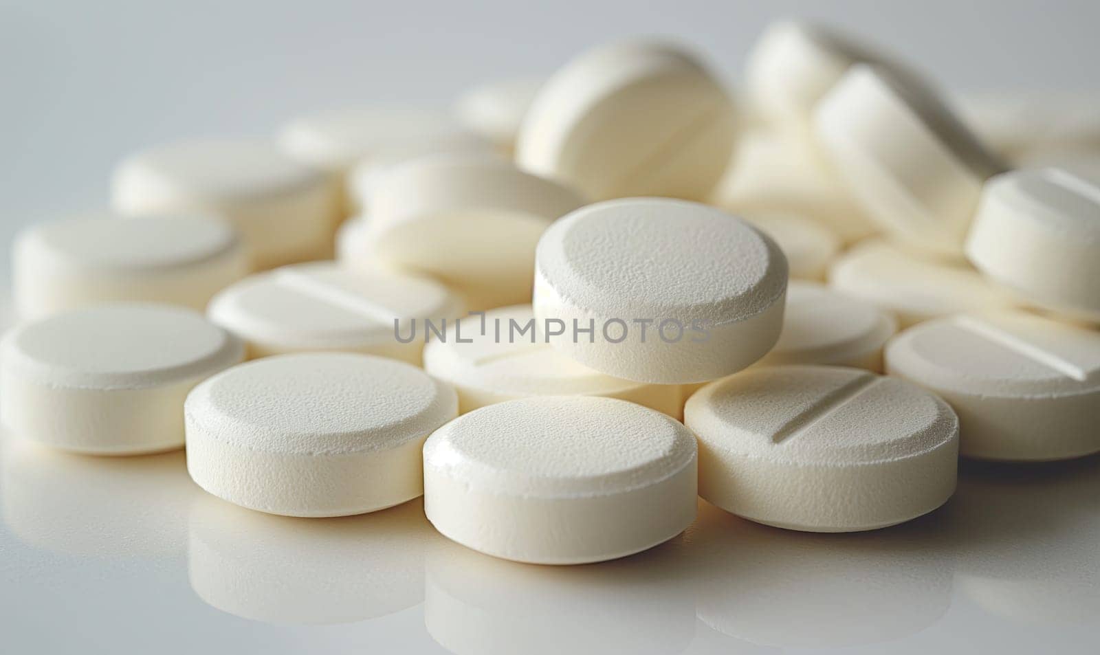 Scattered white pills on the table close-up. Selective soft focus.