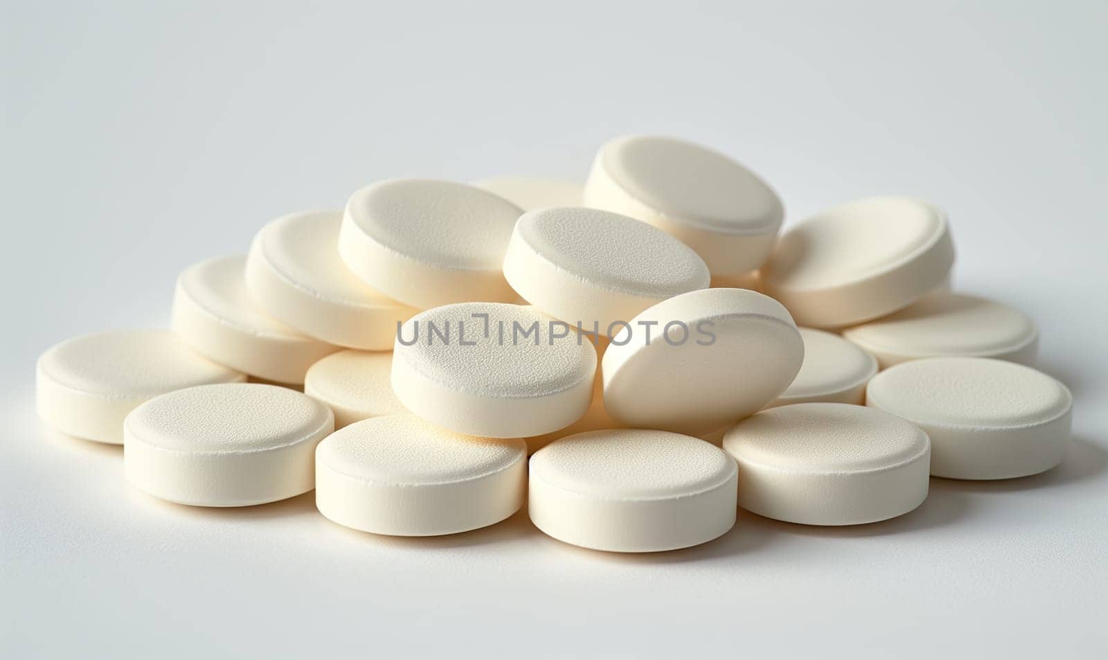 Scattered white pills on the table close-up. Selective soft focus.