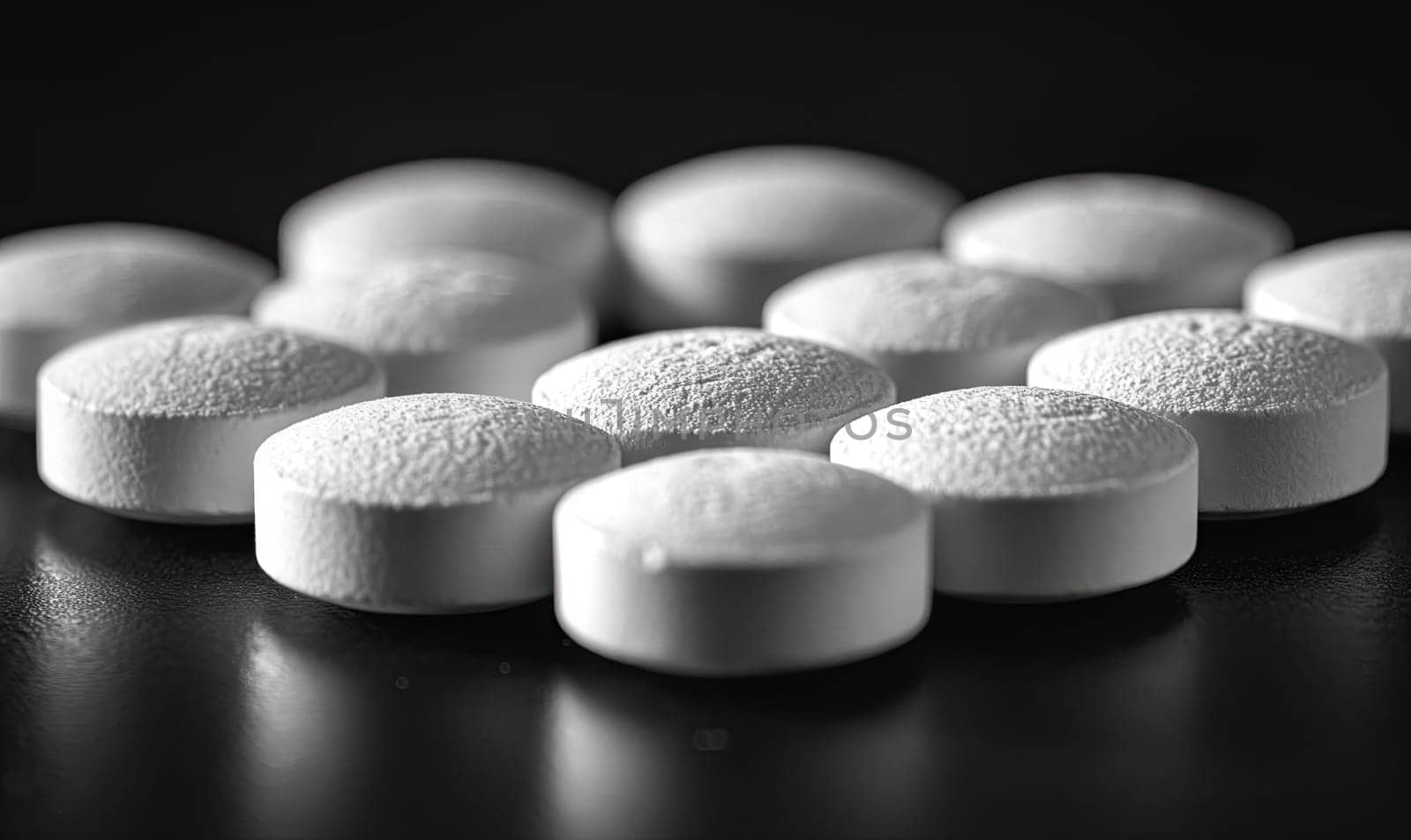 Scattered white pills on a dark background close-up. by Fischeron