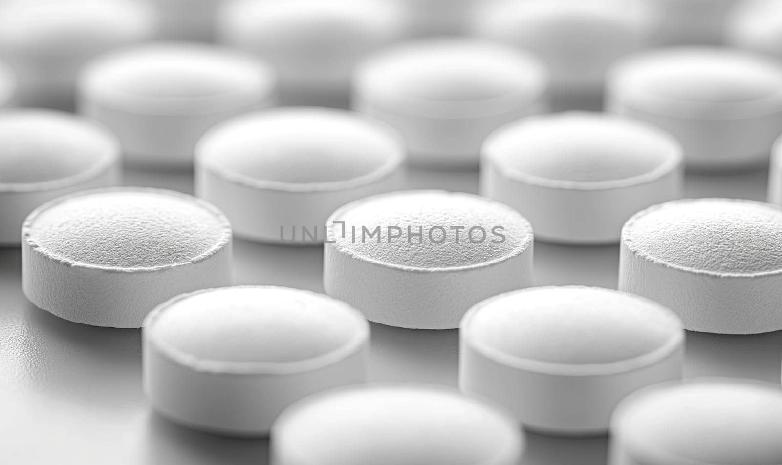 Scattered white pills on the table close-up. Selective soft focus.