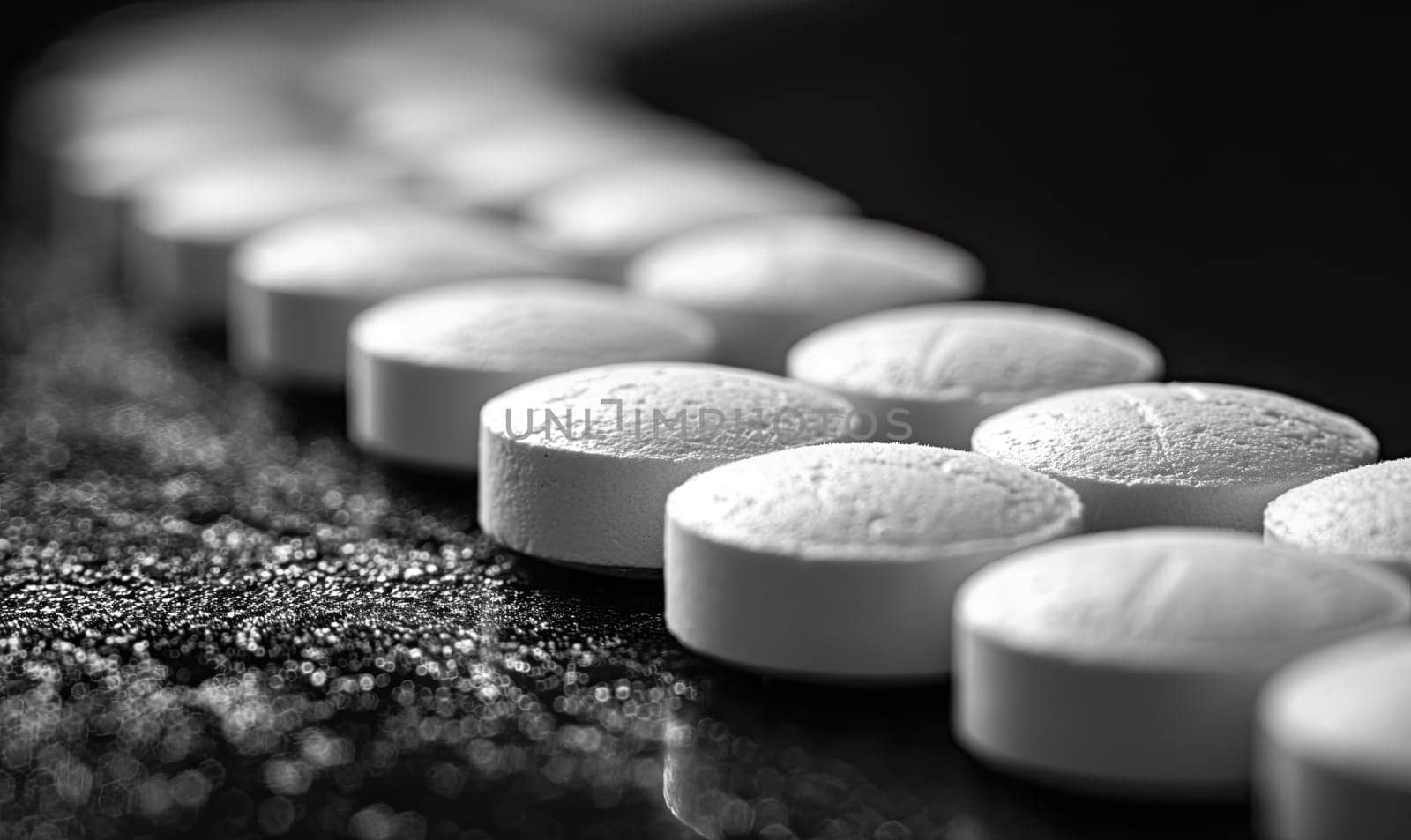 Scattered white pills on a dark background close-up. Selective soft focus.