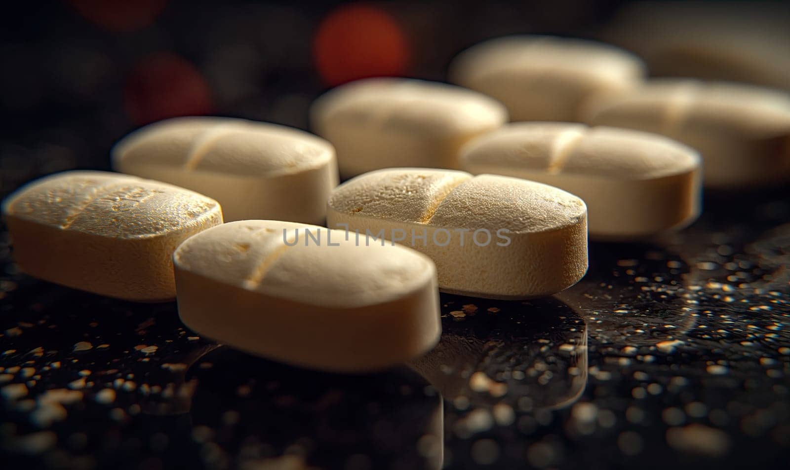 Scattered cream tablets on a dark background close-up. Selective soft focus.