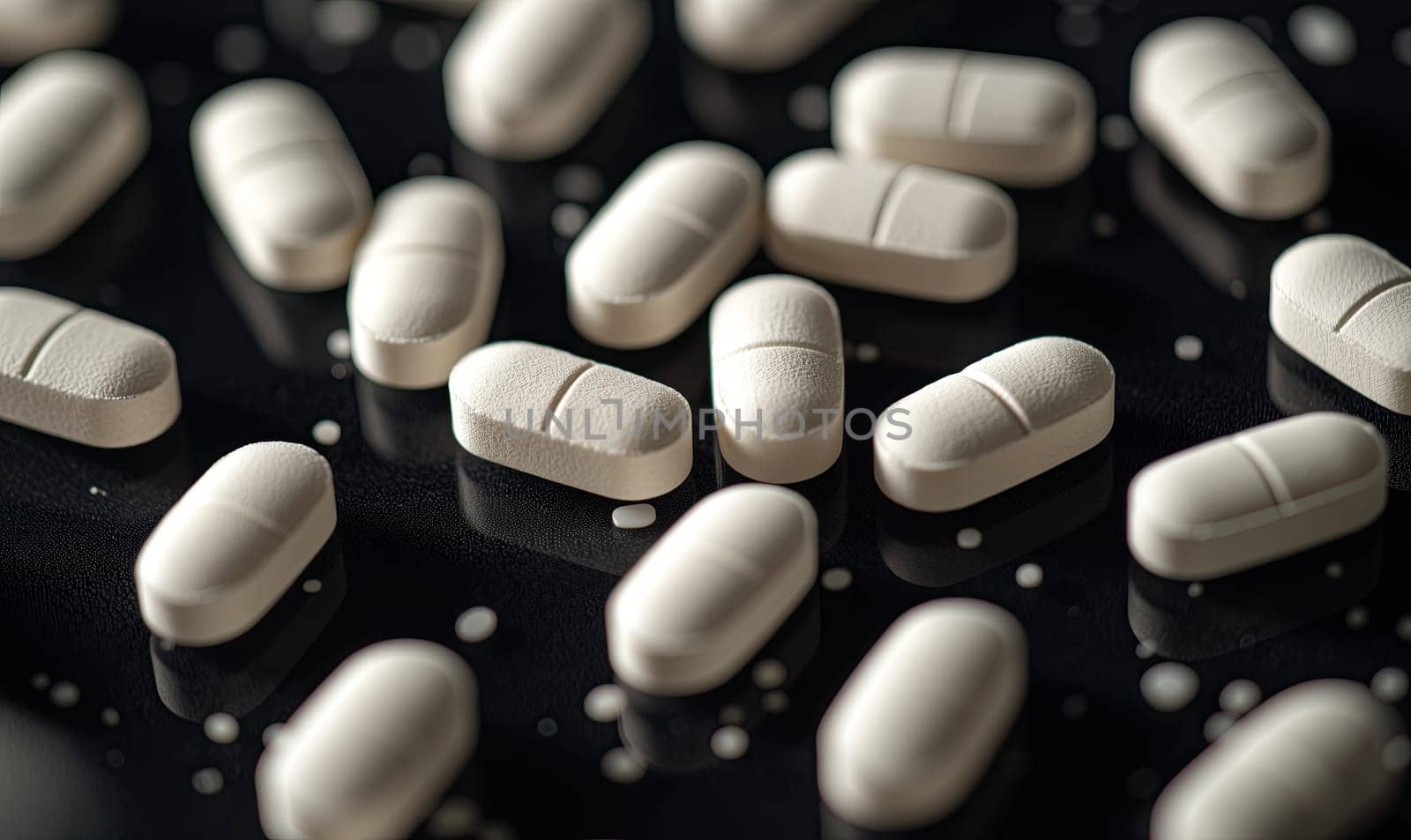 Scattered white pills on a dark background close-up. Selective soft focus.