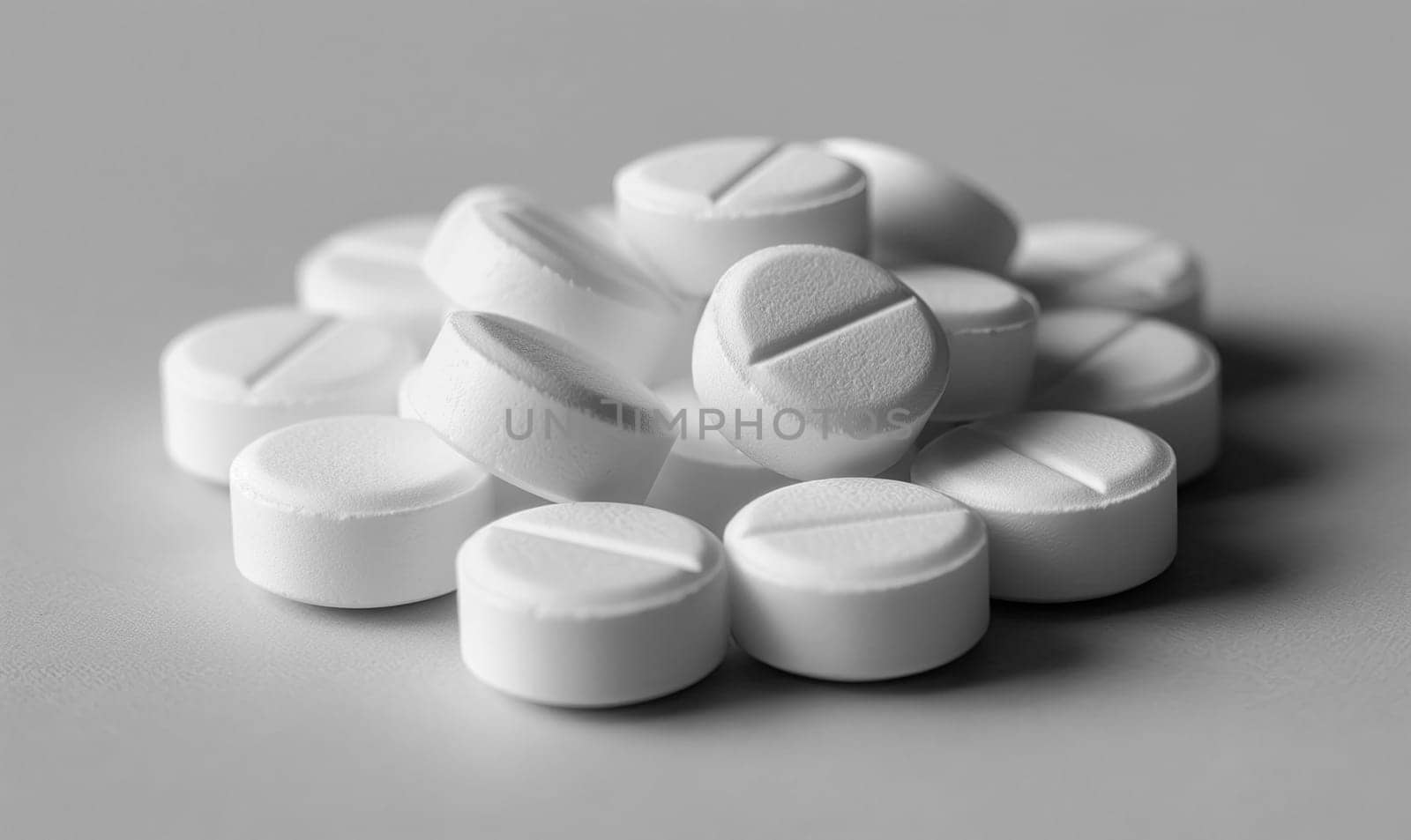 Scattered white pills on the table close-up. by Fischeron