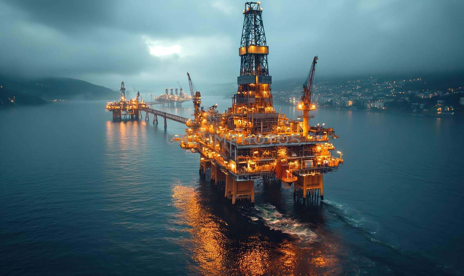 Industrial offshore drilling rig in the middle of the sea. Selective soft focus.