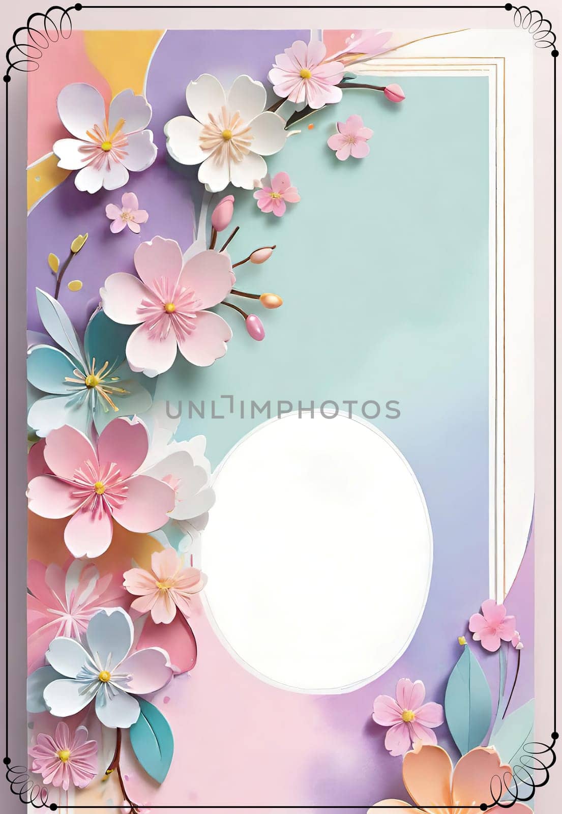 Cherry blossom frame on pastel background with space for text. Sakura.Paper art of Cherry blossom with frame on pastel background.Paper cut style.Spring background with sakura flowers and leaves. Vector paper illustration.3d rendering.Spring flowers frame with copy space for your text. Pastel colors.Minimal style.İnvitation and celebrations.