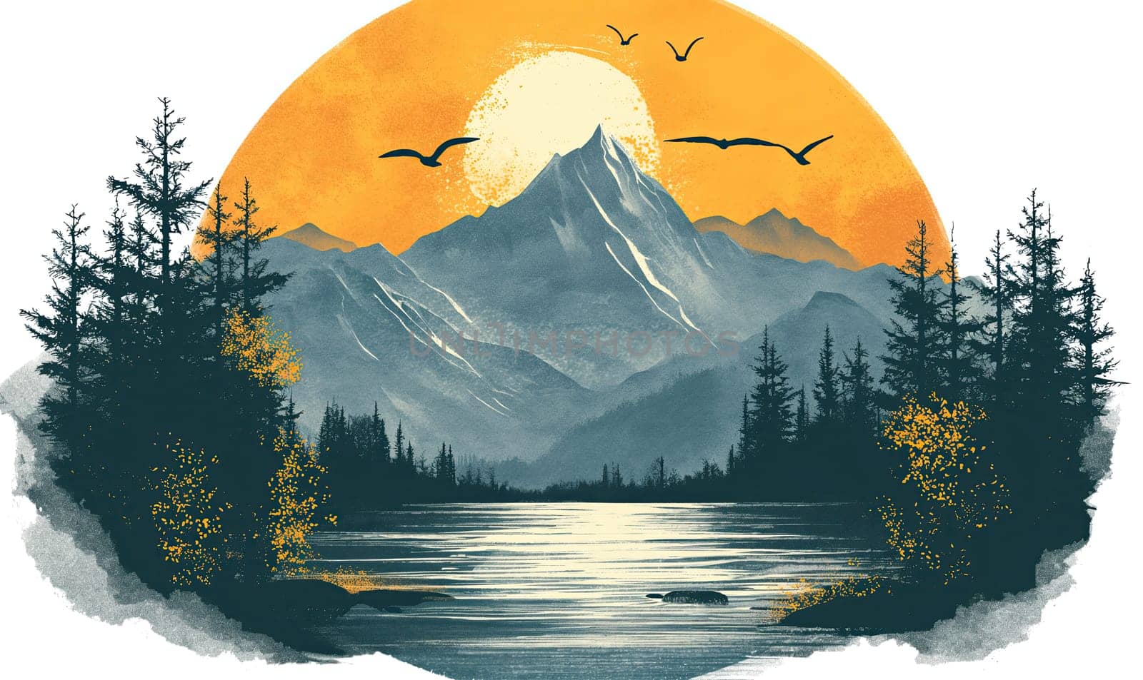 Round logo depicting a natural landscape with mountains. Selective soft focus.