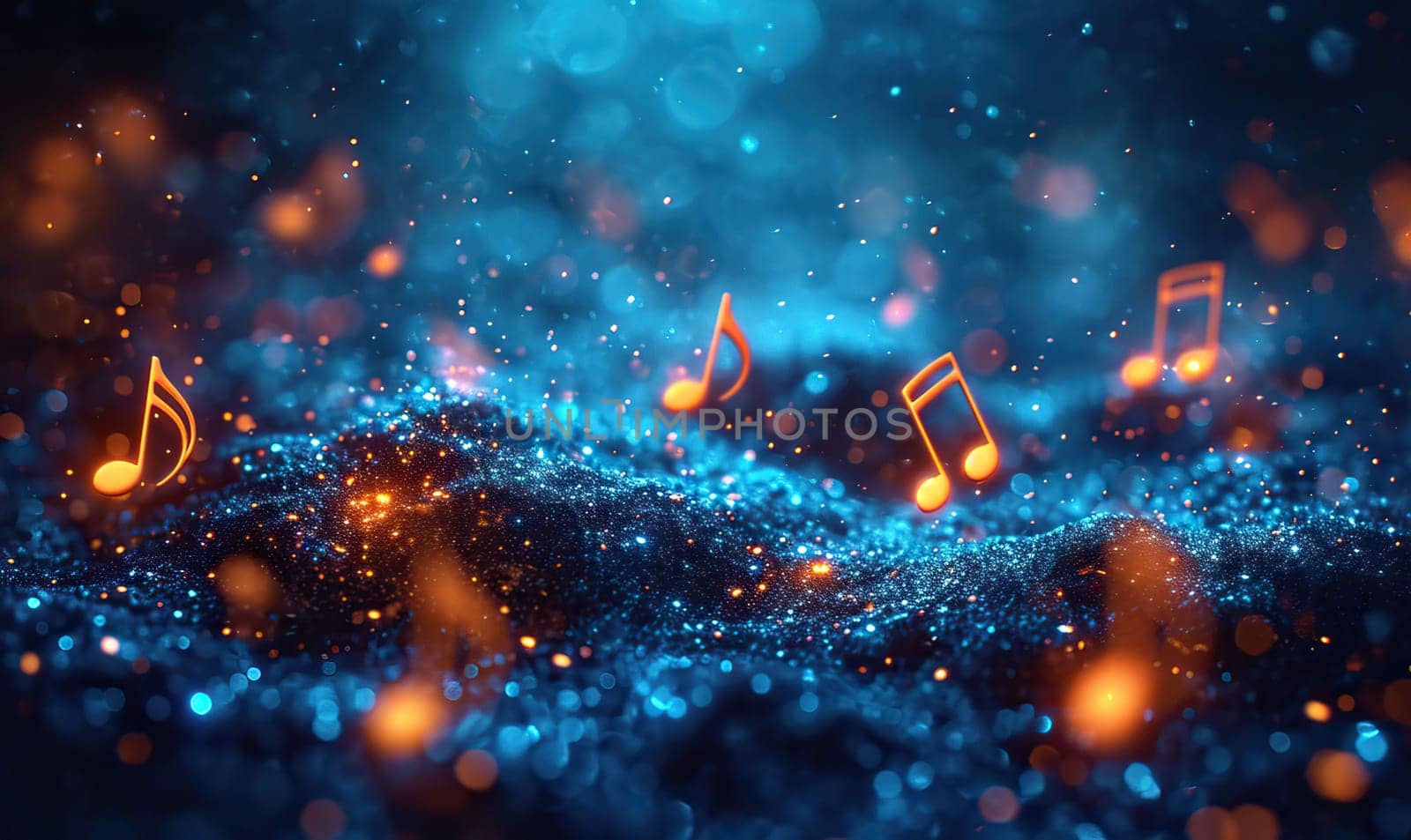 Abstract colorful musical background with notes, instruments. Selective soft focus.