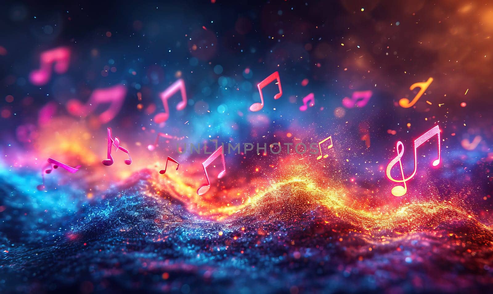 Abstract colorful musical background with notes, instruments. by Fischeron