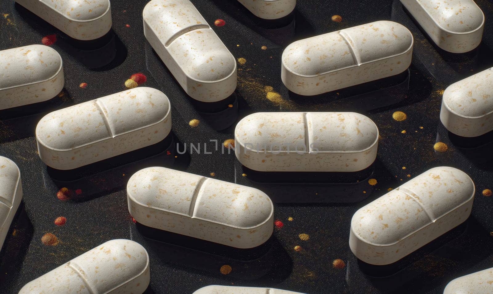 Scattered white pills on a dark background close-up. Selective soft focus.