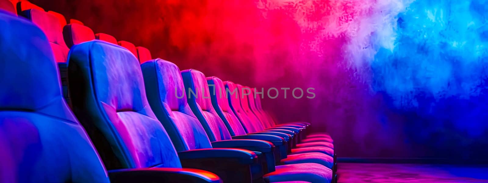 Vibrant cinema seats in red and blue hues with atmospheric smoky background. banner with copy space