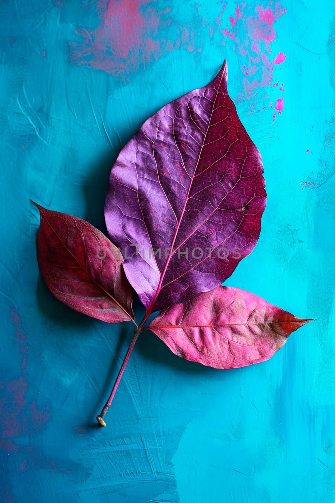 Purple leaf on a blue background. Selective focus. by mila1784