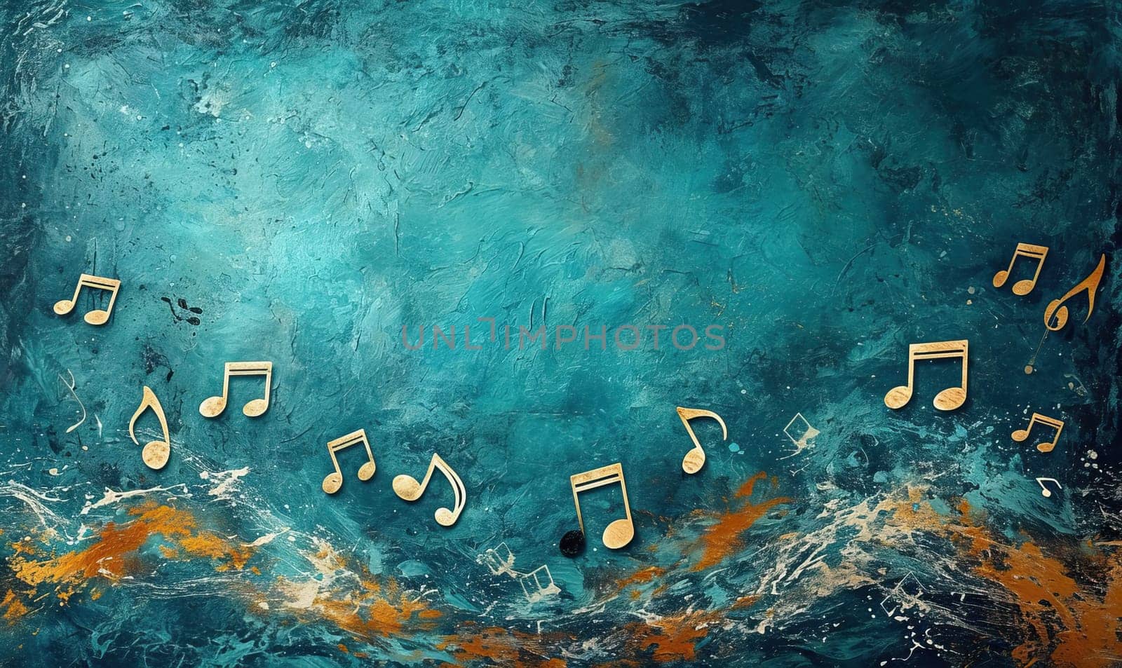 Abstract colorful musical background with notes, instruments. Selective soft focus.