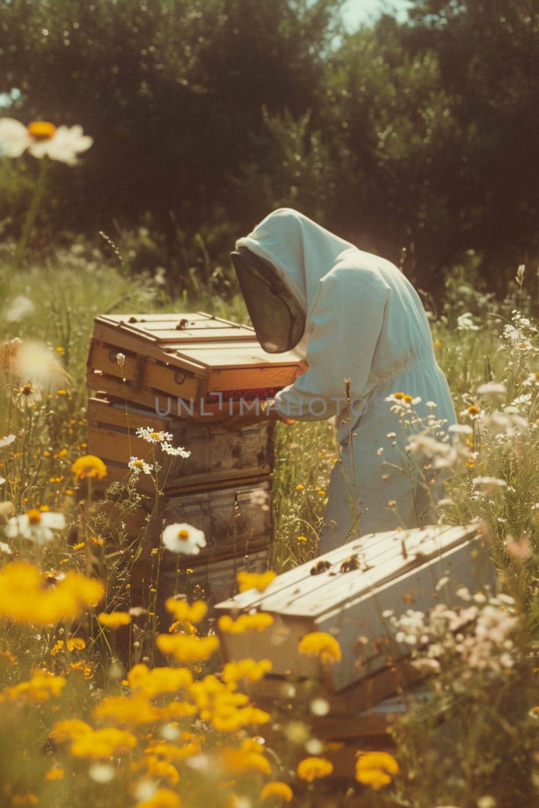 Apiaries and a beehive in the meadow. Selective focus. by mila1784