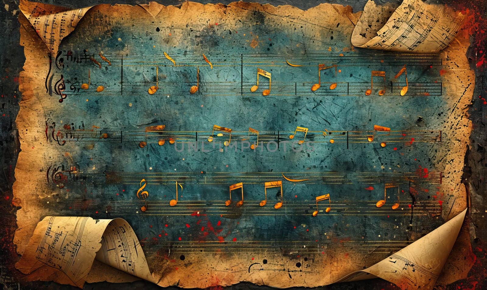 Abstract colorful musical background with notes, instruments. Selective soft focus.