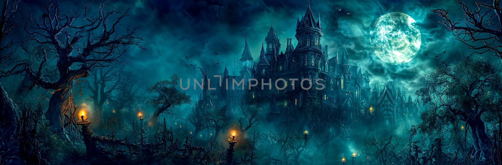 Gothic haunted mansion in a creepy forest under a full moon. by Edophoto