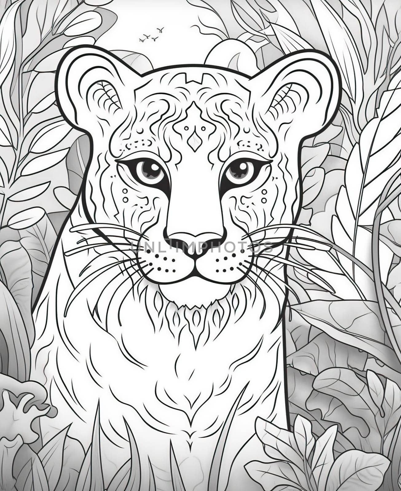 Black and white illustration for coloring animal, lion. Selective soft focus.