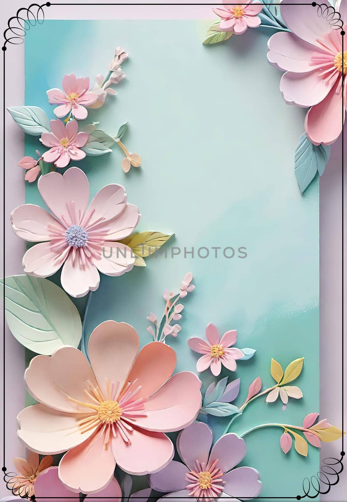 Cherry blossom frame on pastel background with space for text. Sakura.Paper art of Cherry blossom with frame on pastel background.Paper cut style.Spring background with sakura flowers and leaves. Vector paper illustration.3d rendering.Spring flowers frame with copy space for your text. Pastel colors.Minimal style.İnvitation and celebrations.