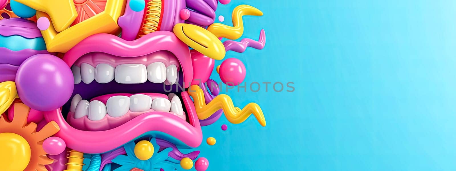 Surreal mouth with vibrant lips and whimsical 3D elements on a blue backdrop. copy space by Edophoto