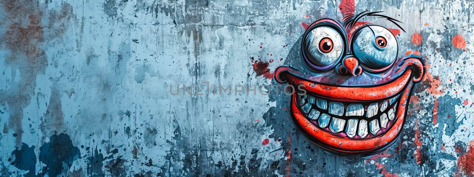 Graffiti of a whimsical smiling face on a grungy wall with paint splatters. by Edophoto
