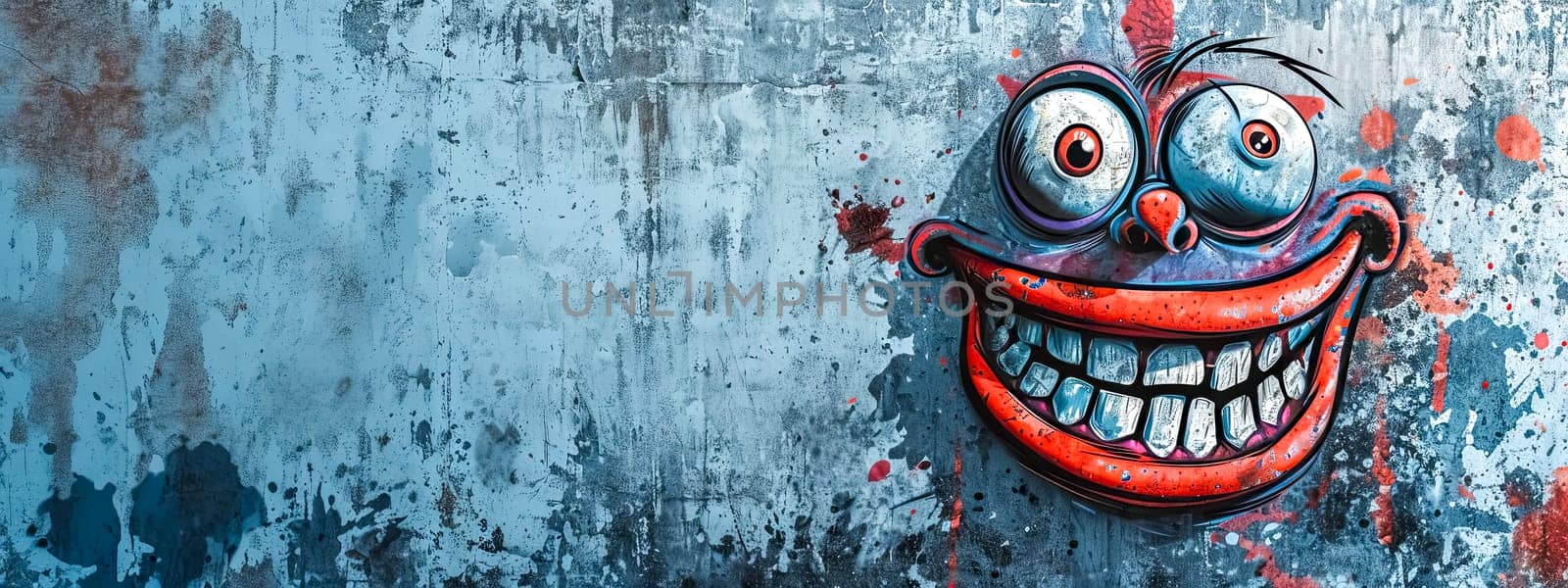 Graffiti of a whimsical smiling face on a grungy wall with paint splatters. copy space