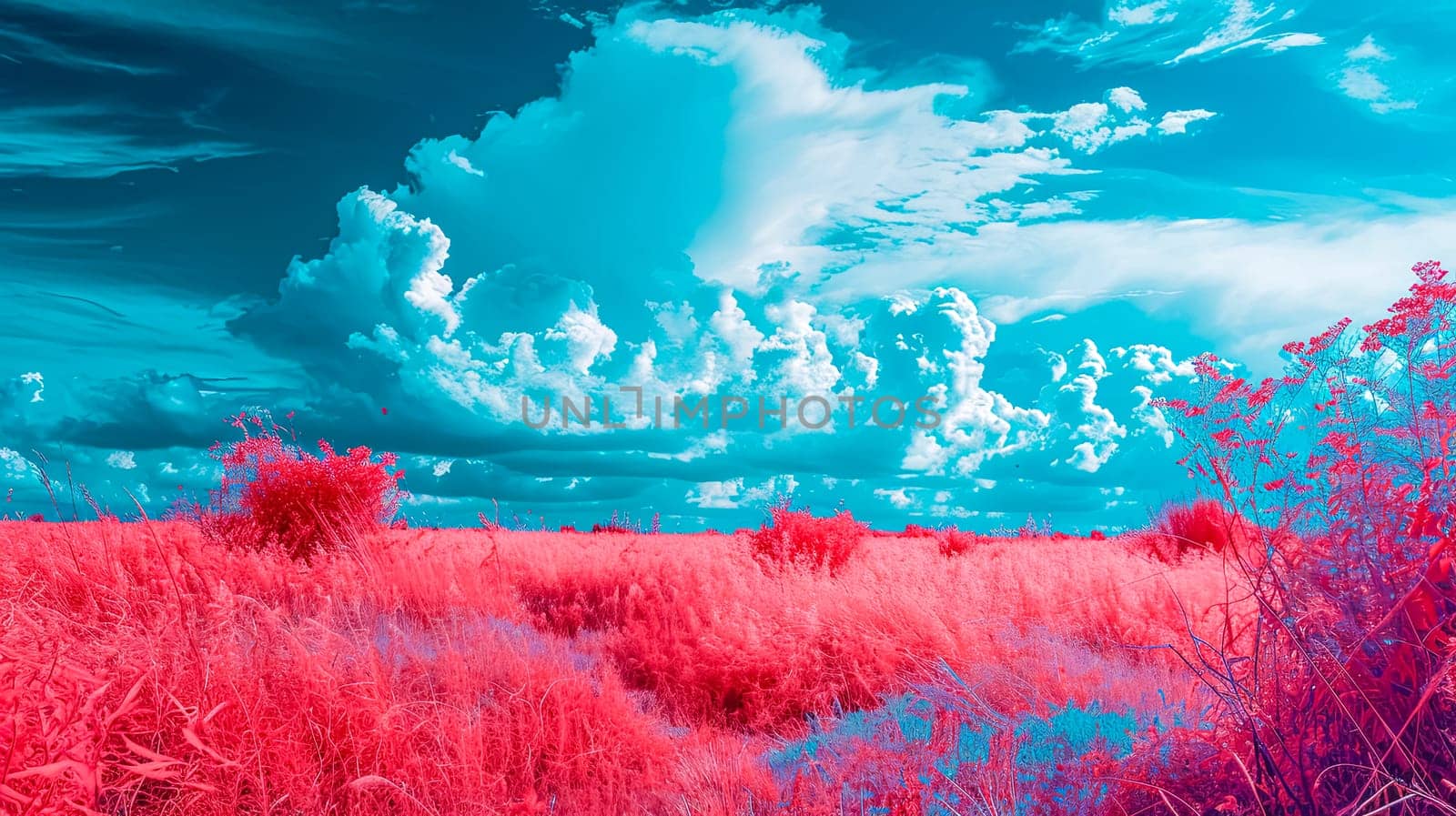 Infrared landscape with radiant red foliage under a surreal cyan sky with fluffy clouds. by Edophoto