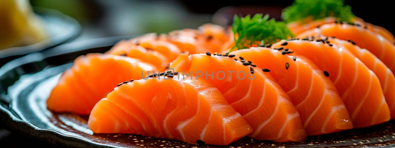 Red fish slices on a plate. Selective focus. by mila1784