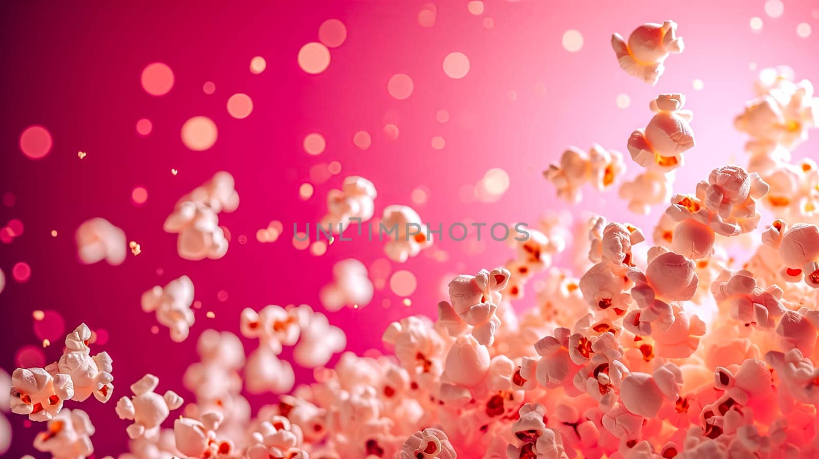 Exploding popcorn against a vibrant pink bokeh background, capturing the dynamic motion and festive vibe.