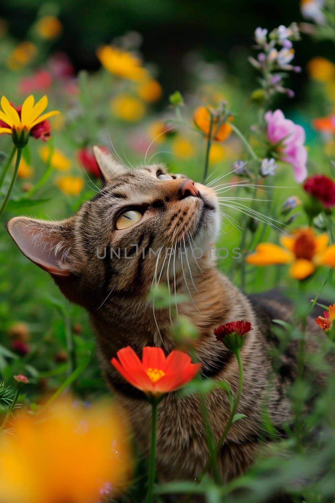 cat in a flower field. Selective focus. animal.