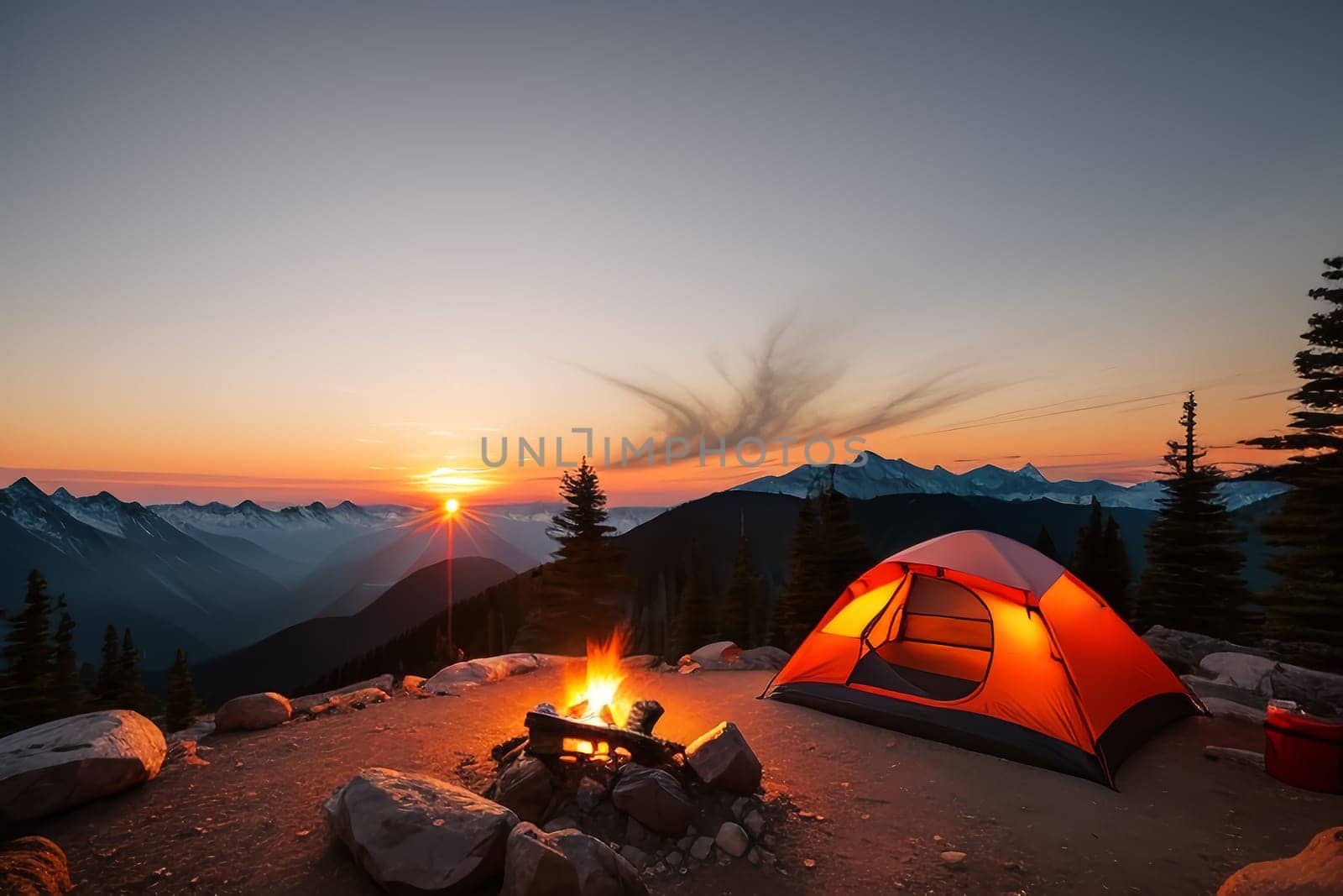 Camping tent high in the mountains at sunset by Annu1tochka
