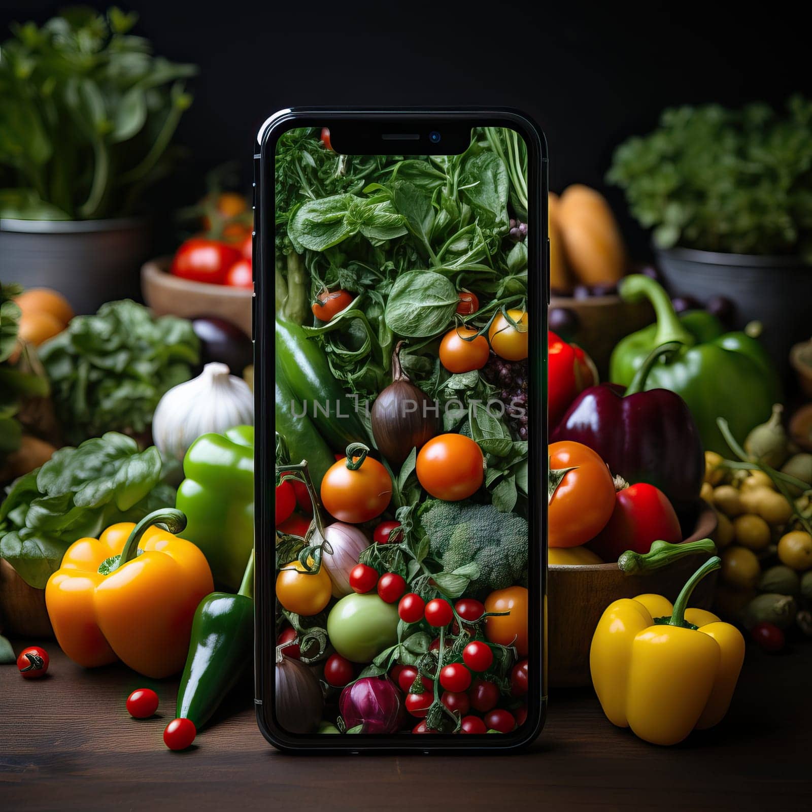 Concept for healthy eating with cellphone, vegetables and smartphone on background top view. Designer mockup for the site.