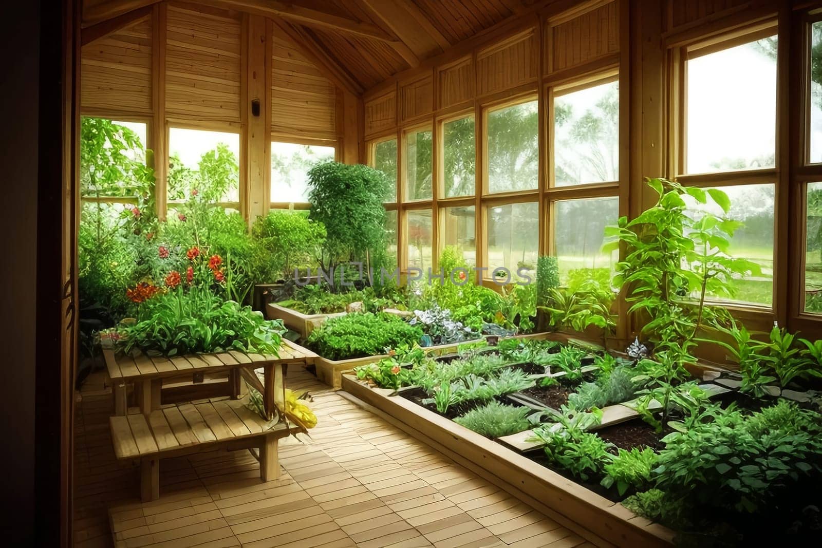 A spacious botanical garden in a large greenhouse. The concept of gardening and gardening