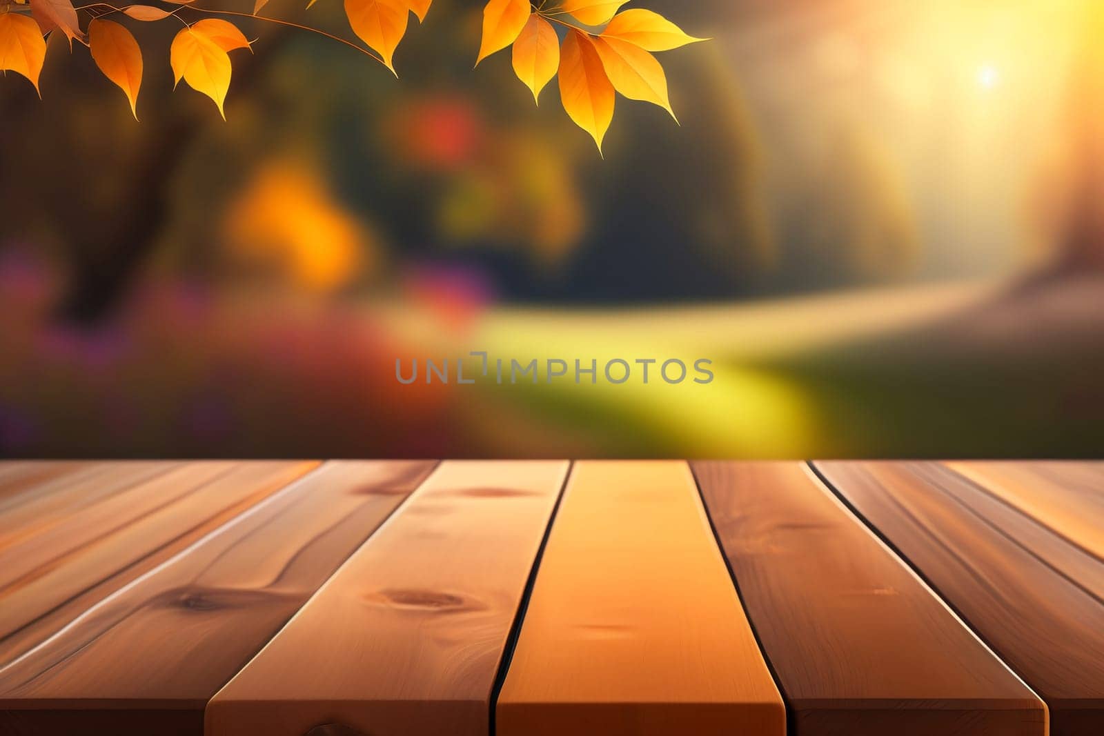 Empty wooden table in nature outdoor for free space for product, natural template with beauty bokeh and sunlight, beautiful autumn concept with nature outdoor by Annu1tochka