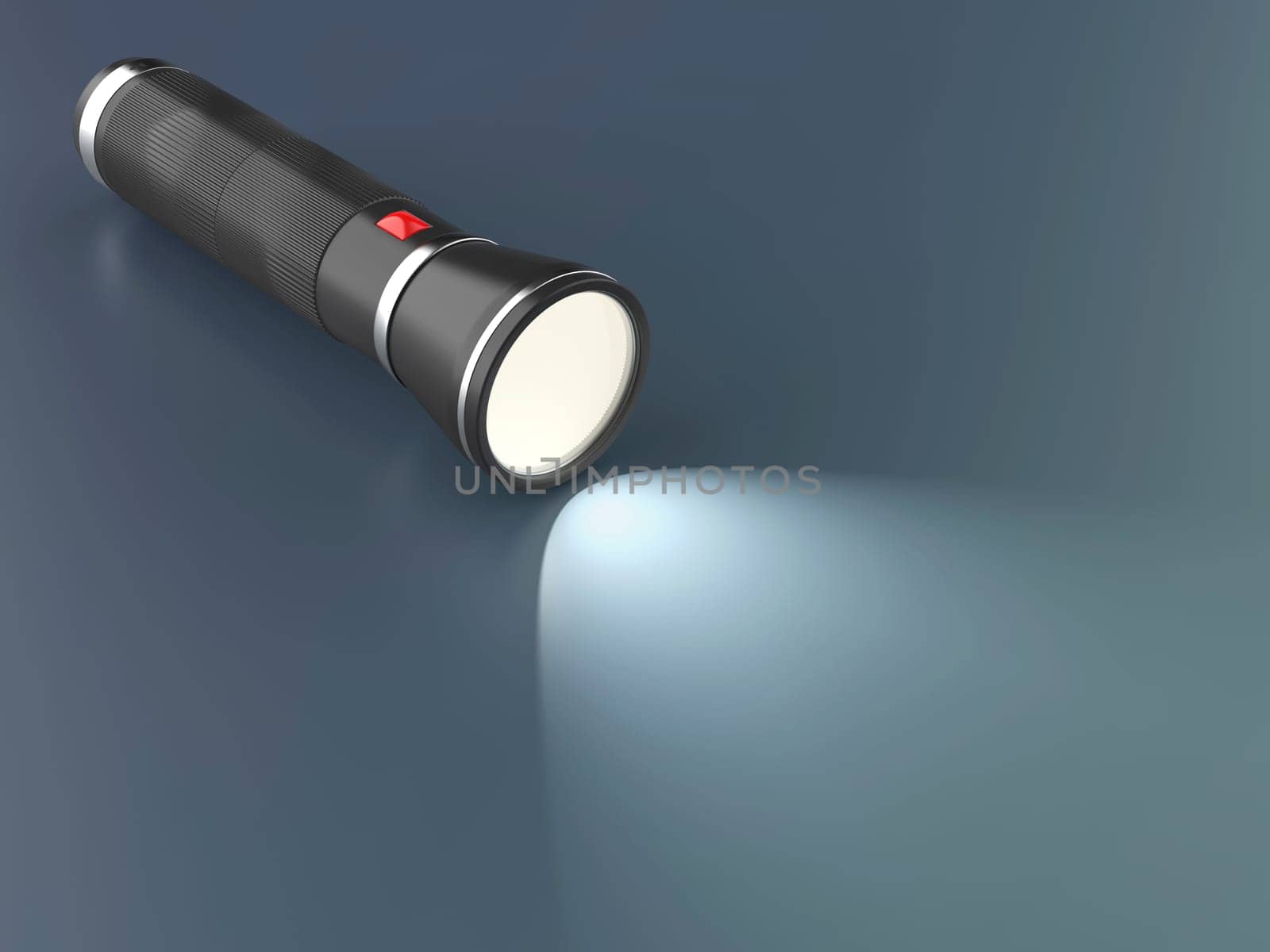 Modern led flashlight illuminates the dark background