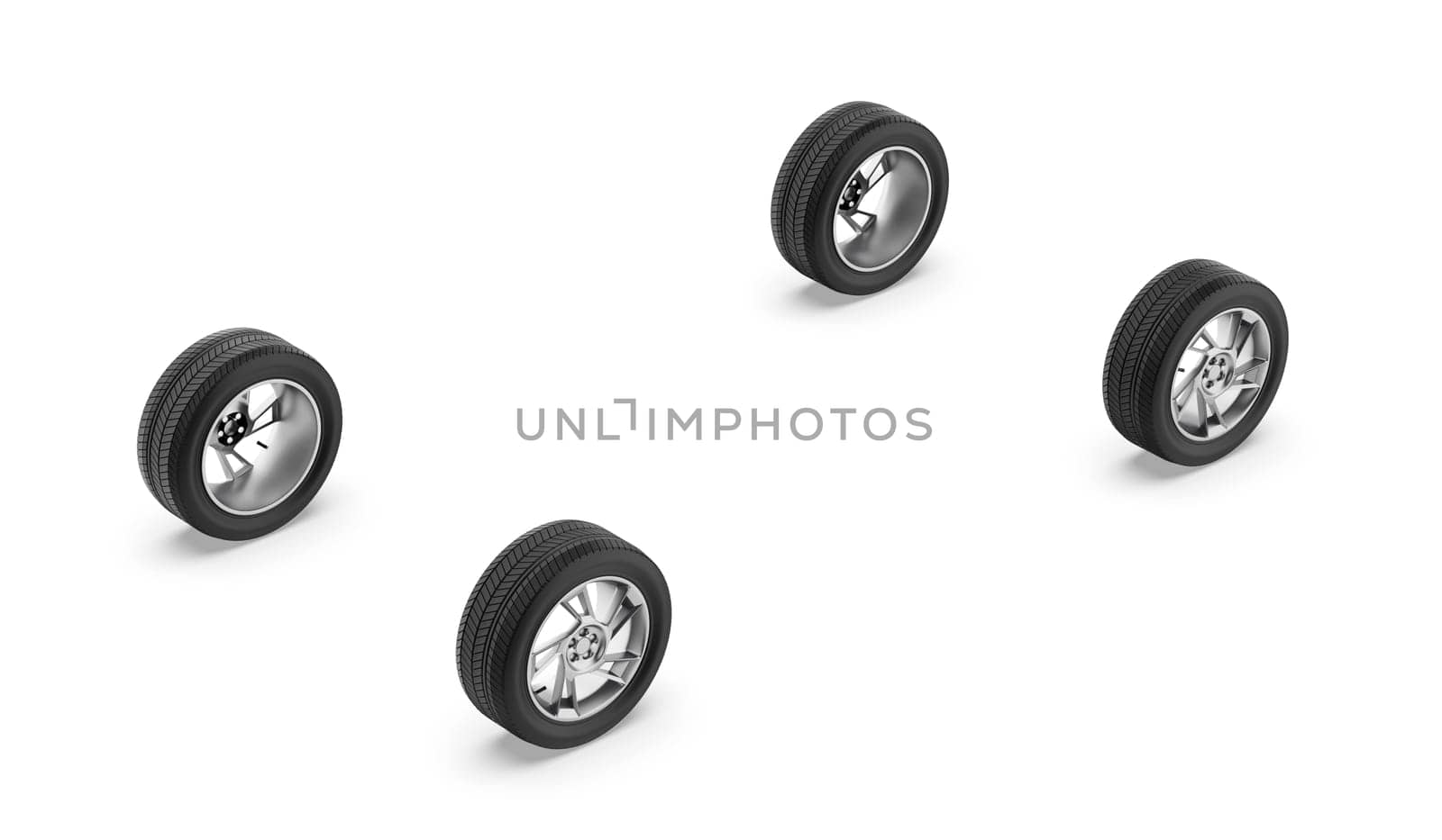 Four car wheels on white background