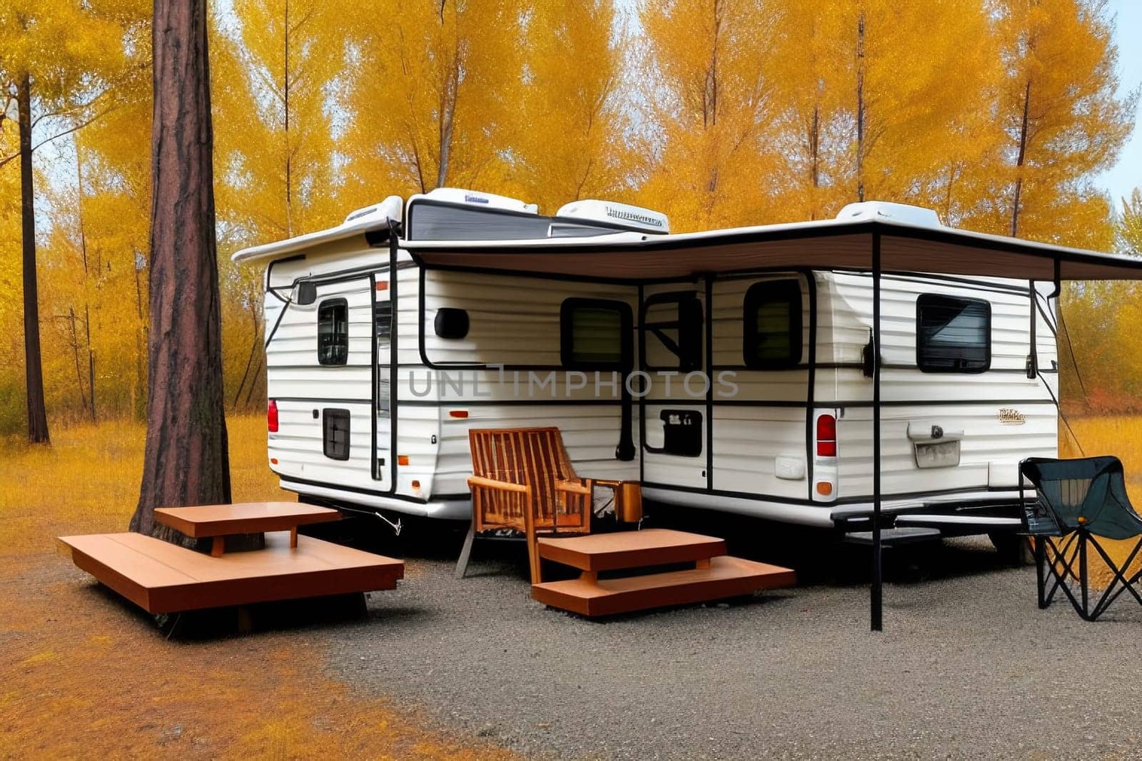 The trailer of the mobile home is camping in the fall, the concept of a family trip around the native country in a camper van or camper van and camping life. by Annu1tochka