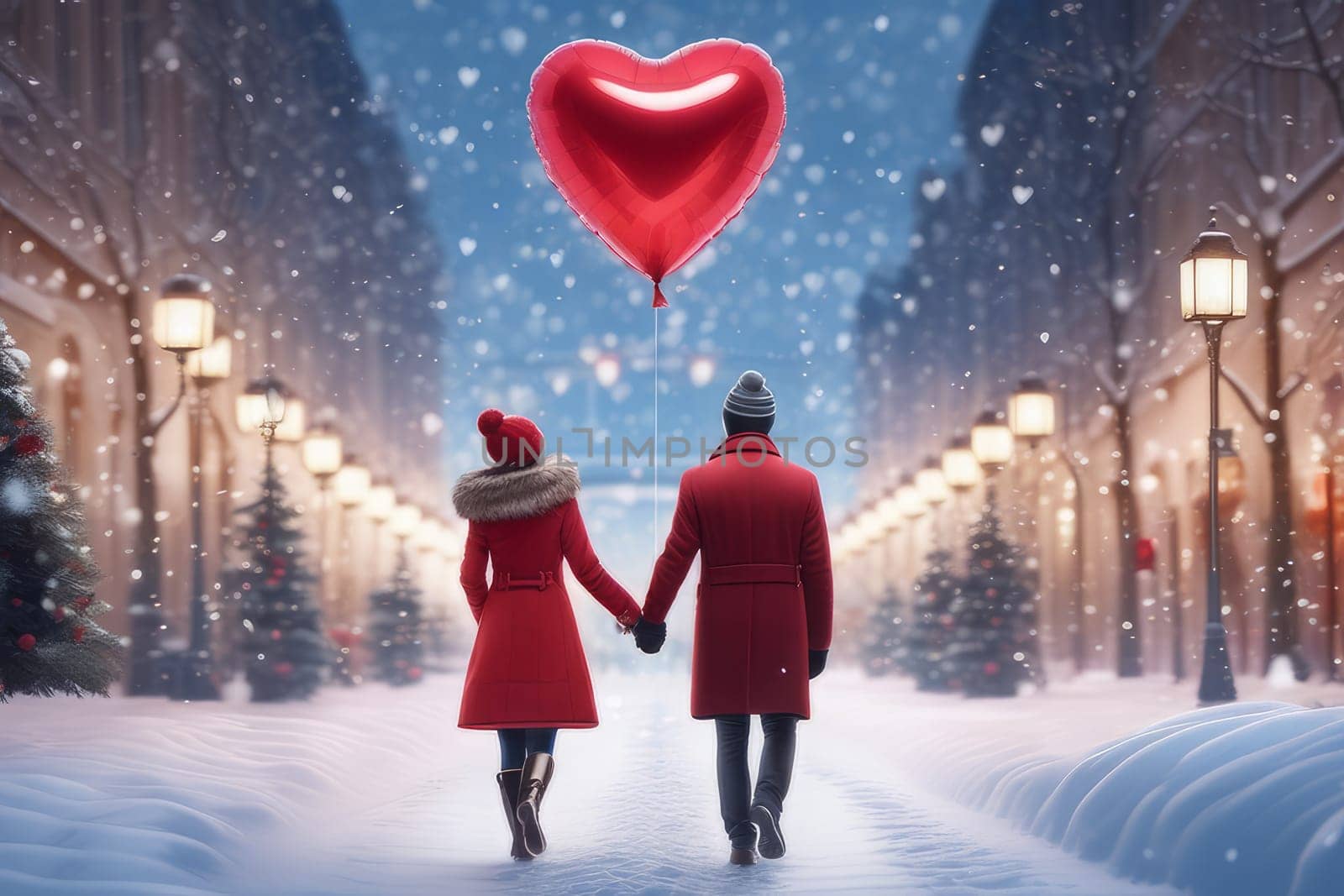 A couple walks through a snow-covered city with a heart-shaped balloon, rear view. The concept of celebrating Valentine's Day. by Annu1tochka