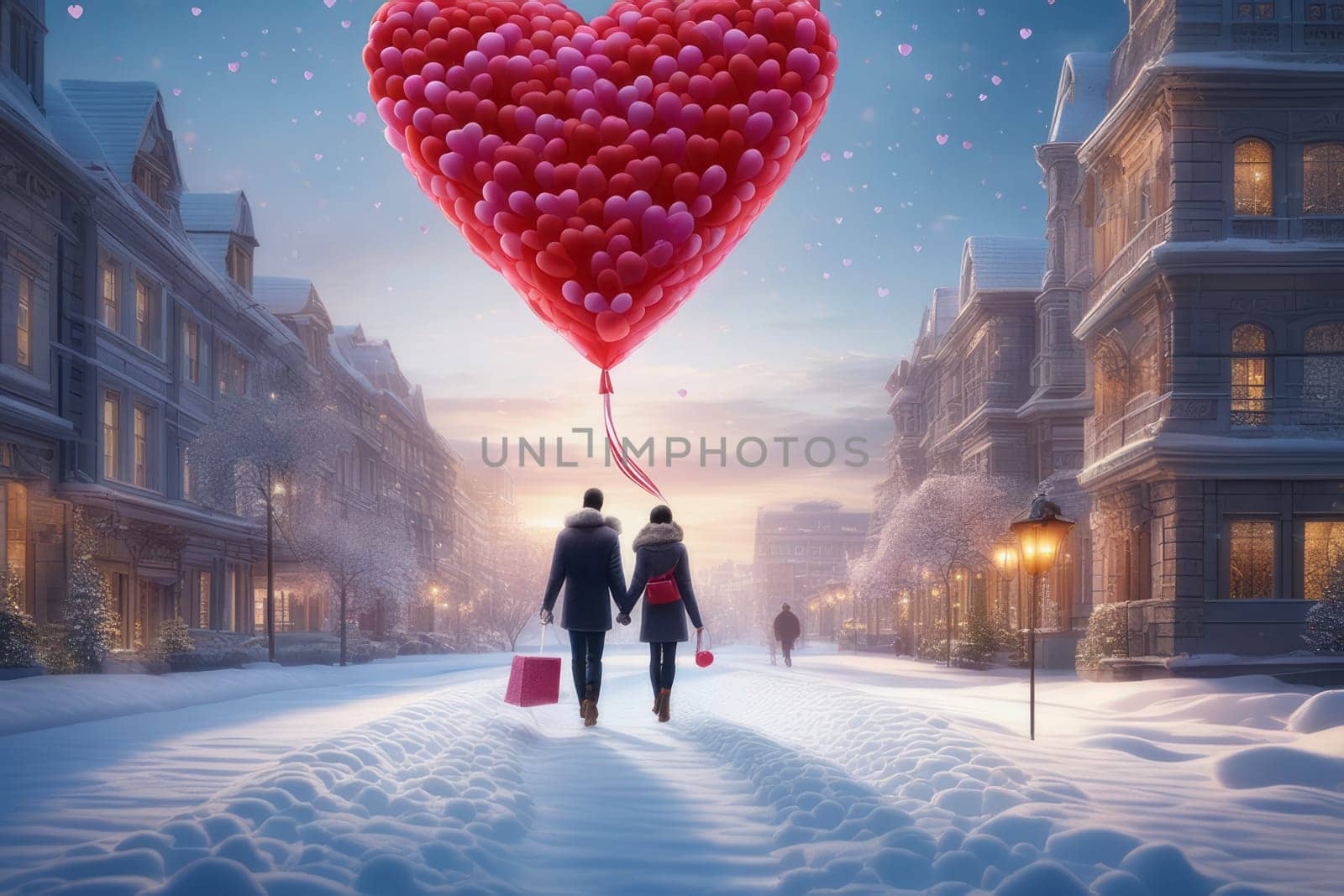A couple walks through a snow-covered city with a heart-shaped balloon, rear view. The concept of celebrating Valentine's Day