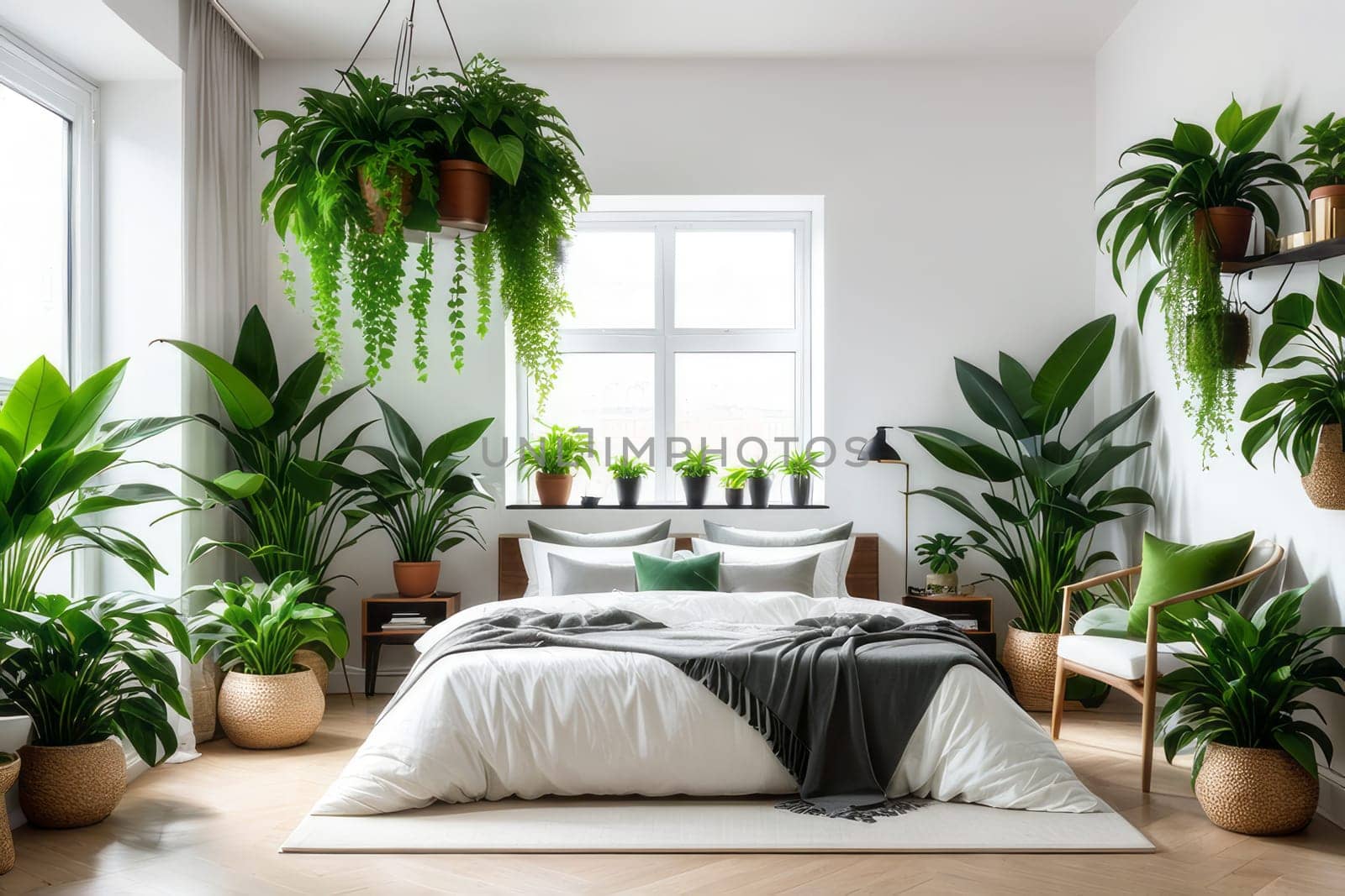 Home garden, bedroom in white and wooden tones. Close-up, bed, parquet floor and many houseplants. Urban jungle interior design. Biophilia concept