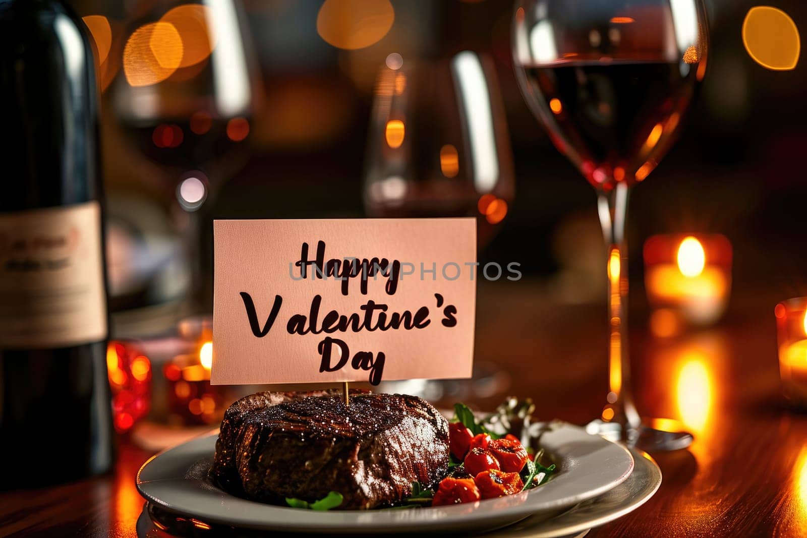 Valentines Day supreme luxurious dinner of steak and wine in restaurant pragma